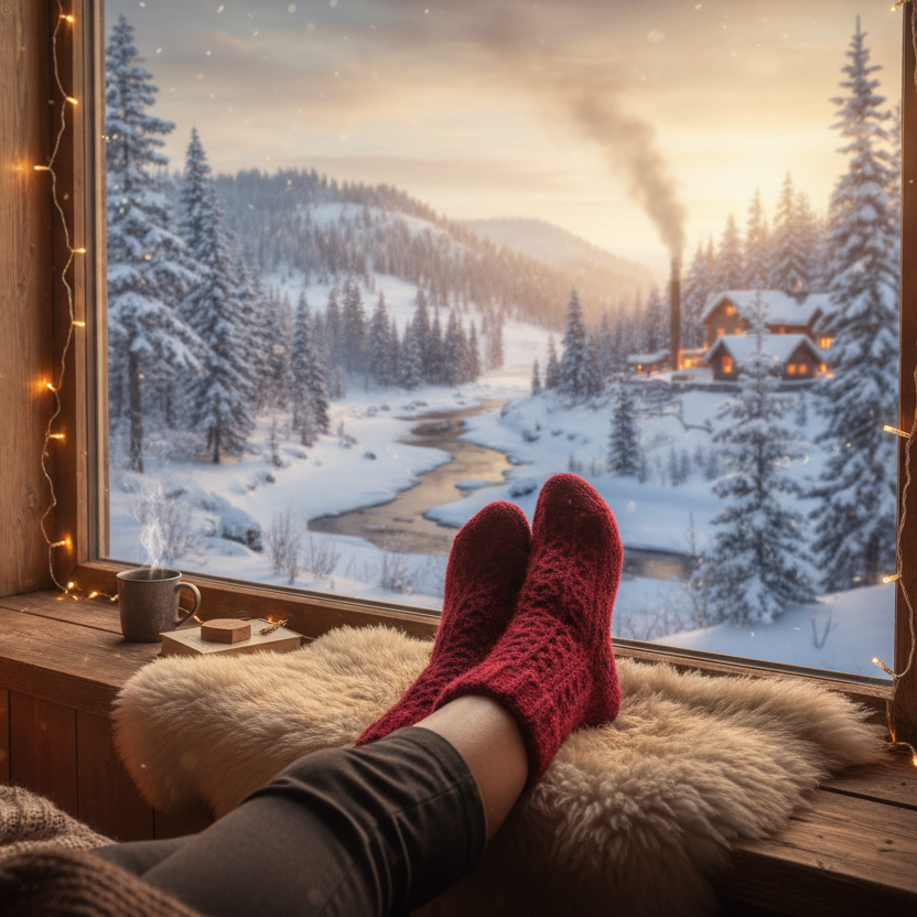 Winterlandschaft im Hintergrund. Vordergrund: Jemand sitzt vorm Fenster. Man sieht nur die Füsse mit Wollsocken an. Einfarbig. Rot.